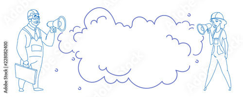 senior male female builders couple holding megaphone making announcement man woman communication concept construction worker sketch doodle horizontal vector illustration