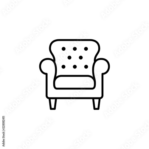 Black & white vector illustration of leather office armchair with high back. Line icon of arm chair seat. Upholstery furniture for living room & bedroom. Isolated on white background