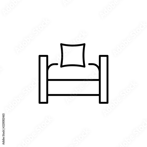 Black & white vector illustration of sleeper convertible chair. Line icon of chair bed with pillow. Upholstery furniture for living room & bedroom. Isolated on white background