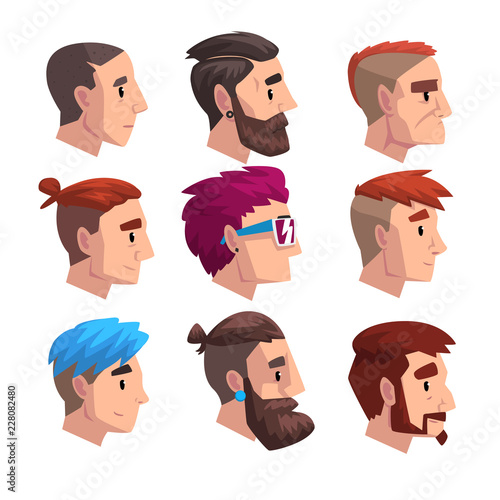 Head of young man with fashion hairstyles set, profile of guys with trendy haircuts vector Illustration on a white background