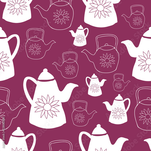 Vector Red Teapots Garden Tea Party Seamless Pattern Background. Perfect for wallpaper, fabric and scrapbooking projects.