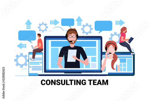 people headset call center operator online support consulting team concept flat horizontal vector illustration