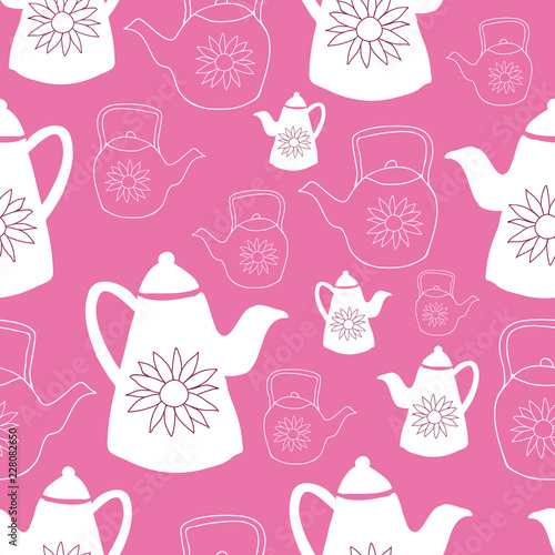 Vector Vintage White and Bright Pink Teapots Seamless Pattern Background. Perfect for fabric, wallpaper and scrapbooking projects.
