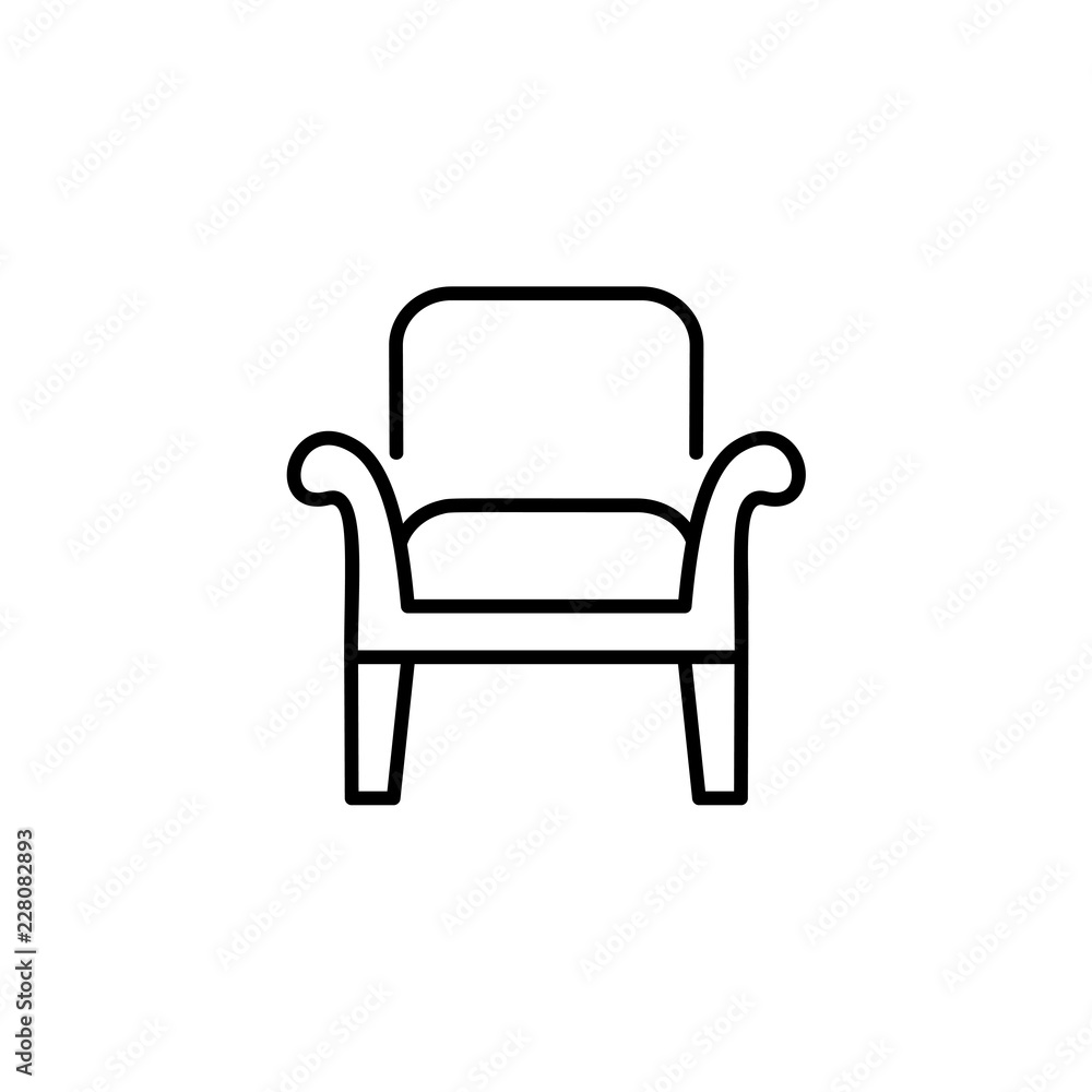 Fototapeta premium Black & white vector illustration of wooden armchair with high back. Line icon of arm chair seat. Upholstery furniture for living room & bedroom. Isolated on white background