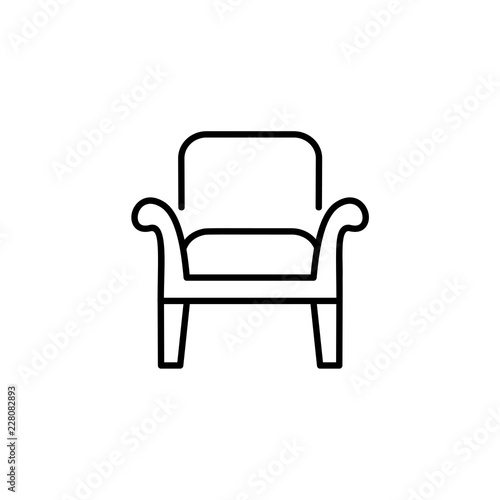 Black & white vector illustration of wooden armchair with high back. Line icon of arm chair seat. Upholstery furniture for living room & bedroom. Isolated on white background