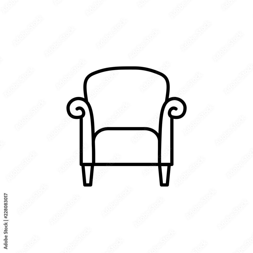 Fototapeta premium Black & white vector illustration of retro style armchair with high back. Line icon of vintage arm chair seat. Upholstery furniture for living room & bedroom. Isolated on white background