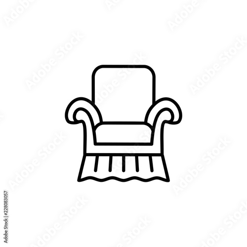 Black & white vector illustration of vintage style armchair with high back. Line icon of arm chair seat. Upholstery furniture for living room & bedroom. Isolated on white background