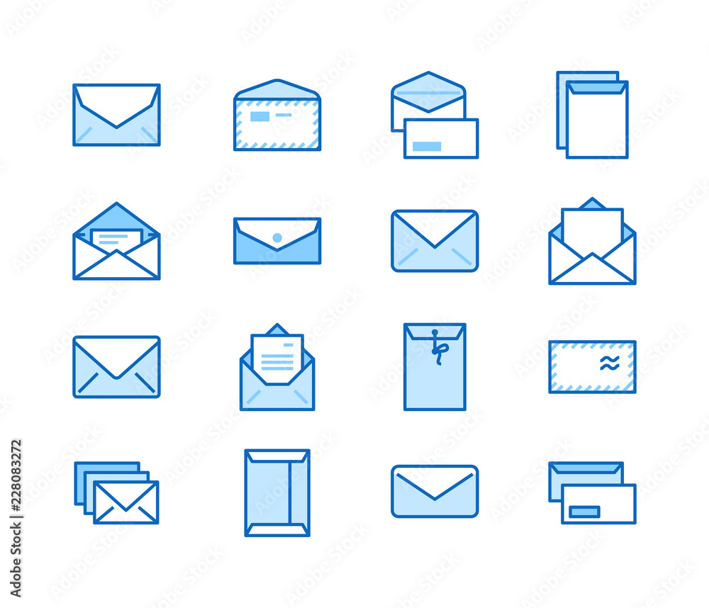 Envelopes flat line icons. Mail, message, open envelope with letter, email vector illustrations. Thin signs for web site, post office. Pixel perfect 64x64. Editable Strokes. Envelopes flat line icons. Mail, message, open envelope with letter, email vector illustrations. Thin signs for web site, post office. Pixel perfect 64x64. Editable Strokes.