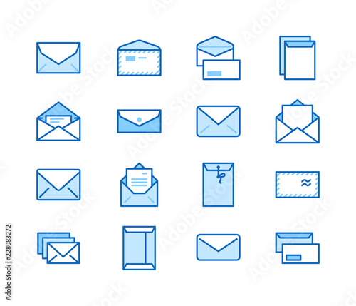 Envelopes flat line icons. Mail, message, open envelope with letter, email vector illustrations. Thin signs for web site, post office. Pixel perfect 64x64. Editable Strokes.