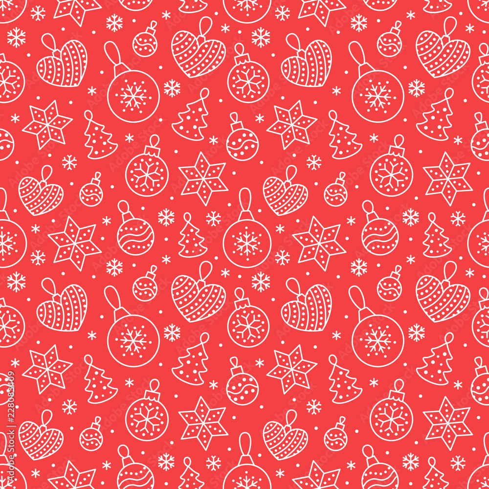 Seamless pattern with white snowflakes and toy balls on red background. Flat line pine tree decoration icons, cute repeat wallpaper. Nice element for christmas banner, wrapping. New year ornament. Seamless pattern with white snowflakes and toy balls on red background. Flat line pine tree decoration icons, cute repeat wallpaper. Nice element for christmas banner, wrapping. New year ornament.