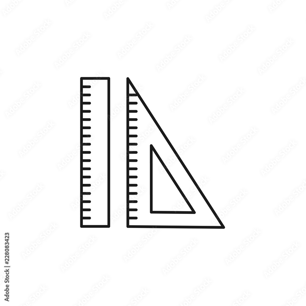 Black & white vector illustration of mechanical triangle & ruler. Line icon of engineering, drafting & technical drawing tools. Isolated on white background