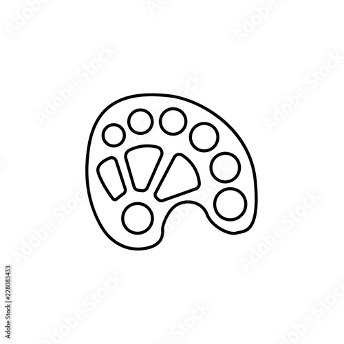 Black & white vector illustration of oblong plastic palette. Line icon of pallette to mix & arrange paints. Tools for painting, diy craft projects. Isolated on white background