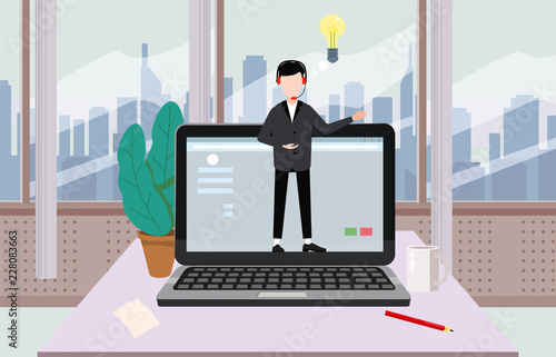 Concept online assistant, customer and operator, call centre, online global technical support 24-7. Vector illustration male hotline operator advises client, virtual help service.