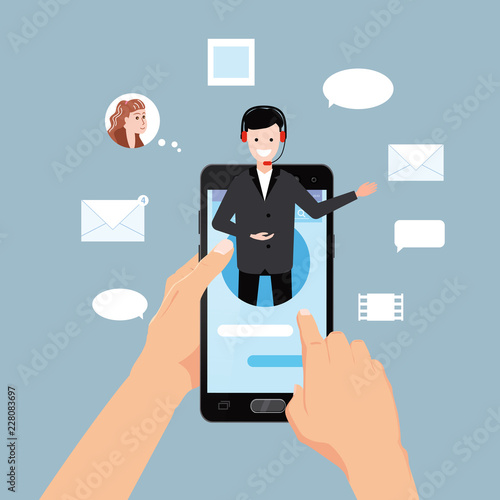 Concept online assistant, hands hold smartpnone, customer and operator, call centre, online global technical support 24-7. Vector illustration male hotline operator advises client, virtual help