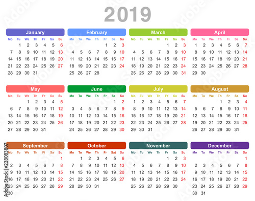 2019 year annual calendar (Monday first, English)