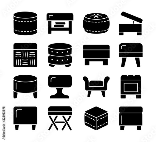 Ottomans & Poufs. Accent stools and chairs. Different kinds of classic & modern upholstered seats. Living room, bedroom & patio furniture. Isolated on white background. Vector flat icon collection.