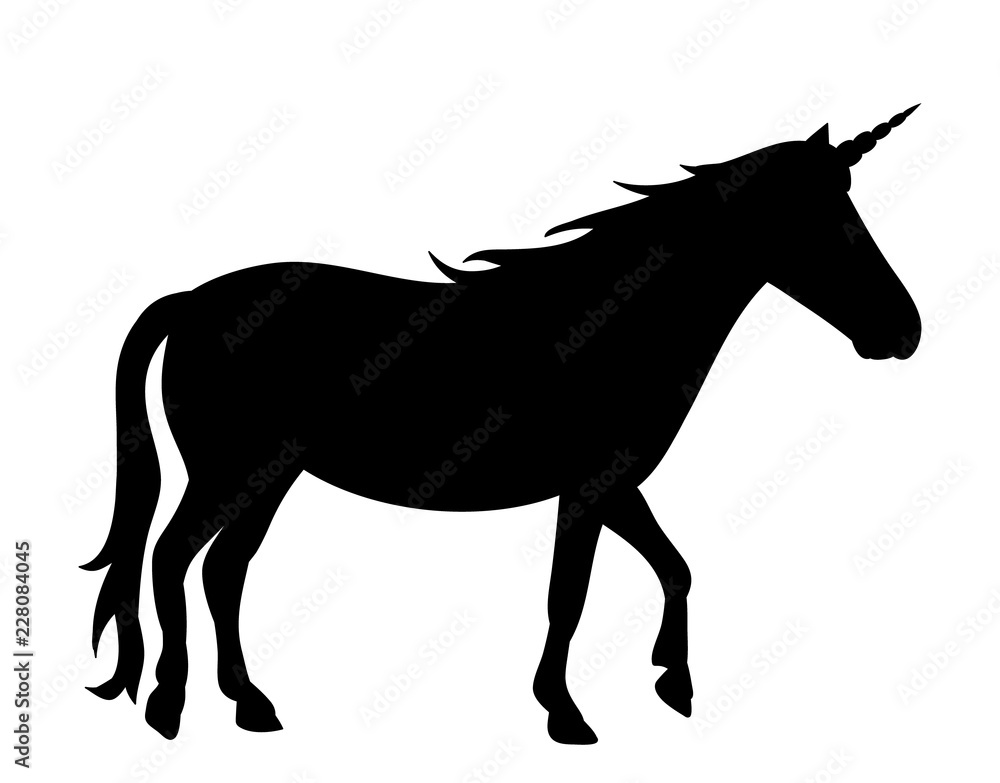 vector, on white background, black silhouette of a standing unicorn
