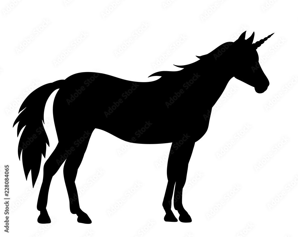 vector, on white background, black silhouette of a standing unicorn vector, on white background, black silhouette of a standing unicorn