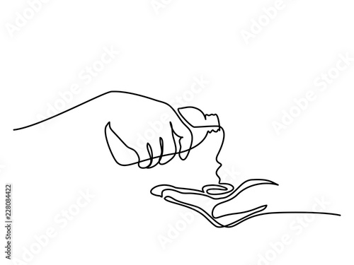 Continuous one line drawing. Hands pouring oil for a spa treatment. Vector illustration