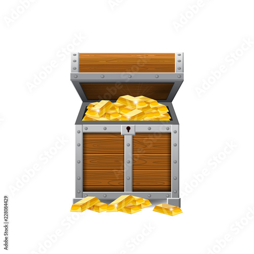 Wooden old pirate chests, full of treasures, gold coins, treasures, vector, cartoon style, illustration, isolated. For games, advertising applications