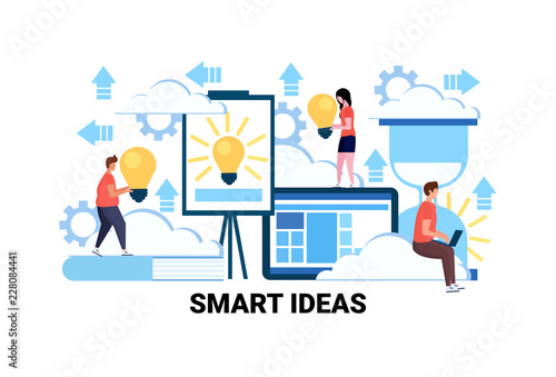 people holding light lamp new smart ideas concept creative innovation startup project successful teamwork strategy flat horizontal vector illustration