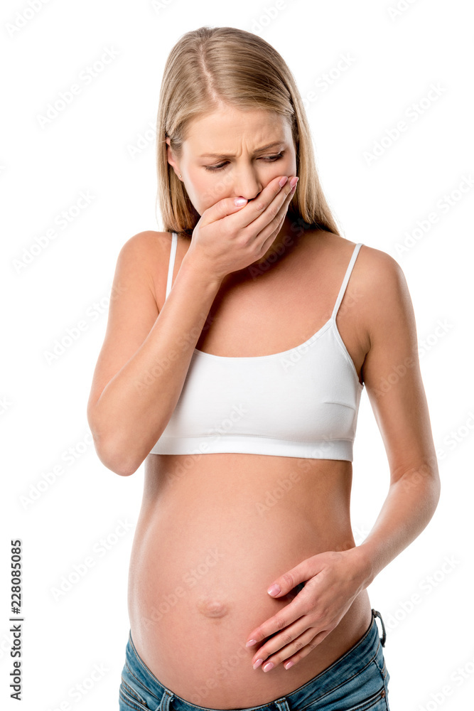 pregnant woman in white bra with nausea isolated on white pregnant woman in white bra with nausea isolated on white