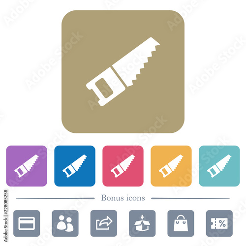 Hand saw flat icons on color rounded square backgrounds