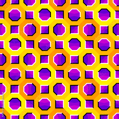 Yellow background with purple octagons and squares. Optical illusion of movement. Seamless pattern.