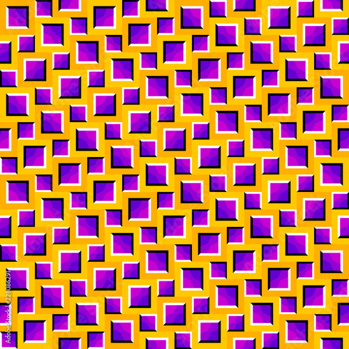 Yellow background with purple squares. Optical illusion of movement. Seamless pattern.