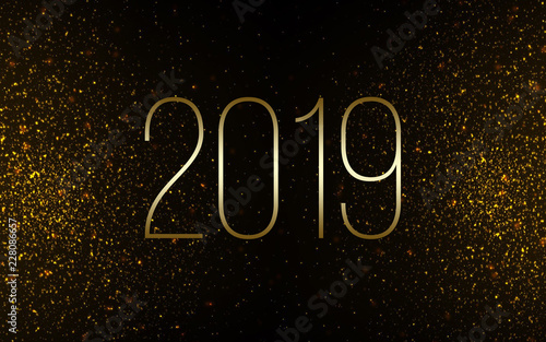 Stock Illustration New Year 2019 gold on black background, glitter