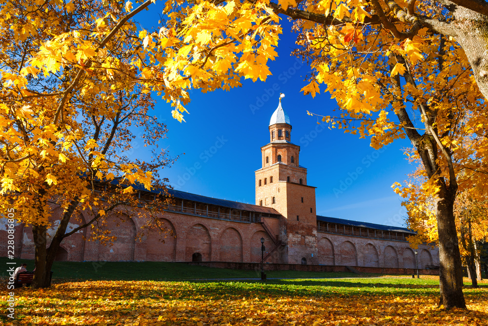 Tower of the Kremlin fortress in Veliky Novgorod in the autumn. Russia