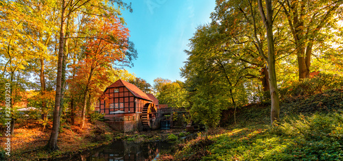 Forest in autumn and a beautiful and picturesque watermill