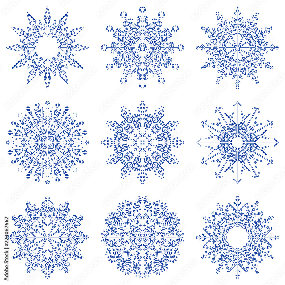 Collection of artistic icy abstract crystal snow flakes isolated on background as winter december decoration group or collection. Ice or frost beautiful star ornament silhouette or season art