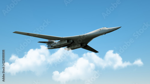 Aarmed military fighter jet in flight on the cloudly sky background. 3d render