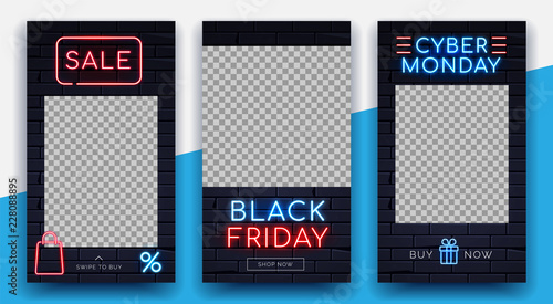 Illuminated neon signs Black friday Cyber monday sale frame light electric banners glowing,Instagram stories template,web online shop sales concept.Neons sign with ready to use buttons Shop Buy Now