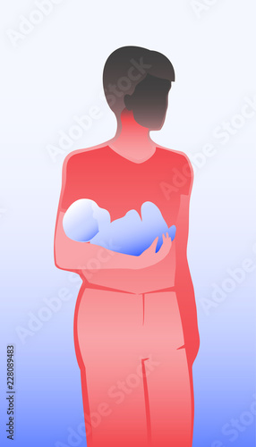 Silhouette of a man with a dark head holding a baby, in red and blue, on gradient background, symbolizing stress of parenthood and post-partum depression