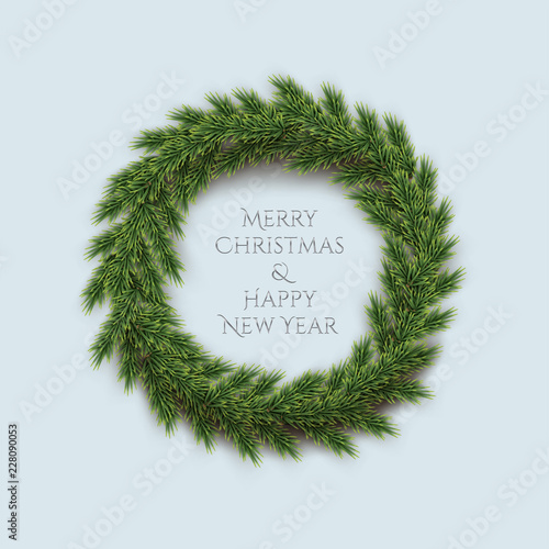 Fir wreath with Merry Christmas and Happy New Year text isolated on blue background. Vector design element.