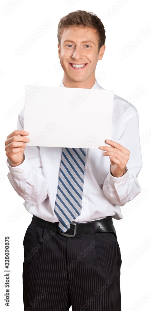 young professional holding a blank banner young professional holding a blank banner