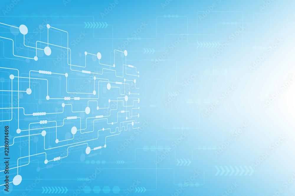 Abstract technology with geometric polygonal line and circuit board on blue color background. Modern concept. Template used for business, science, medical, digital. space for your design Abstract technology with geometric polygonal line and circuit board on blue color background. Modern concept. Template used for business, science, medical, digital. space for your design