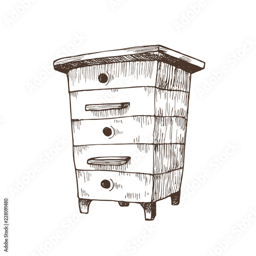 Hand drawn national beehive in sketch style. Vector Illustration. Wooden box hive isolated on white background.