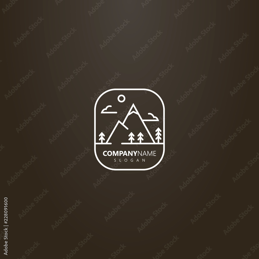 white logo on a black background. simple vector line art isolated logo of mountain landscape with clouds, spruce and sun white logo on a black background. simple vector line art isolated logo of mountain landscape with clouds, spruce and sun