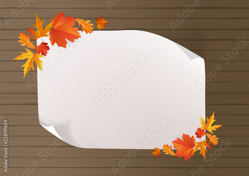 Vector autumn paper background with colorful tree leaves on wooden backdrop, design for fall season banner, poster, thanksgiving greeting card. Space for text,