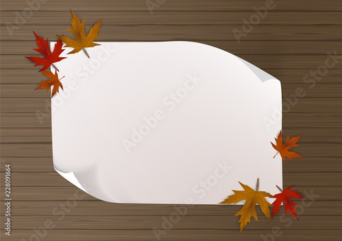 Vector autumn paper background with colorful tree leaves on wooden backdrop, design for fall season banner, poster, thanksgiving greeting card. Space for text,