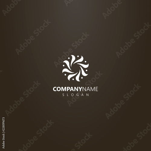 white logo on a black background. simple vector outline logo of abstract spiral multi-leaf shape with dots