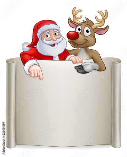 Santa Claus and his Reindeer Christmas cartoon characters peeking over and pointing at a scroll banner sign