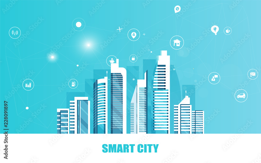 Urban landscape with infographic elements. Smart city. Modern city. Concept website template. Vector illustration.
