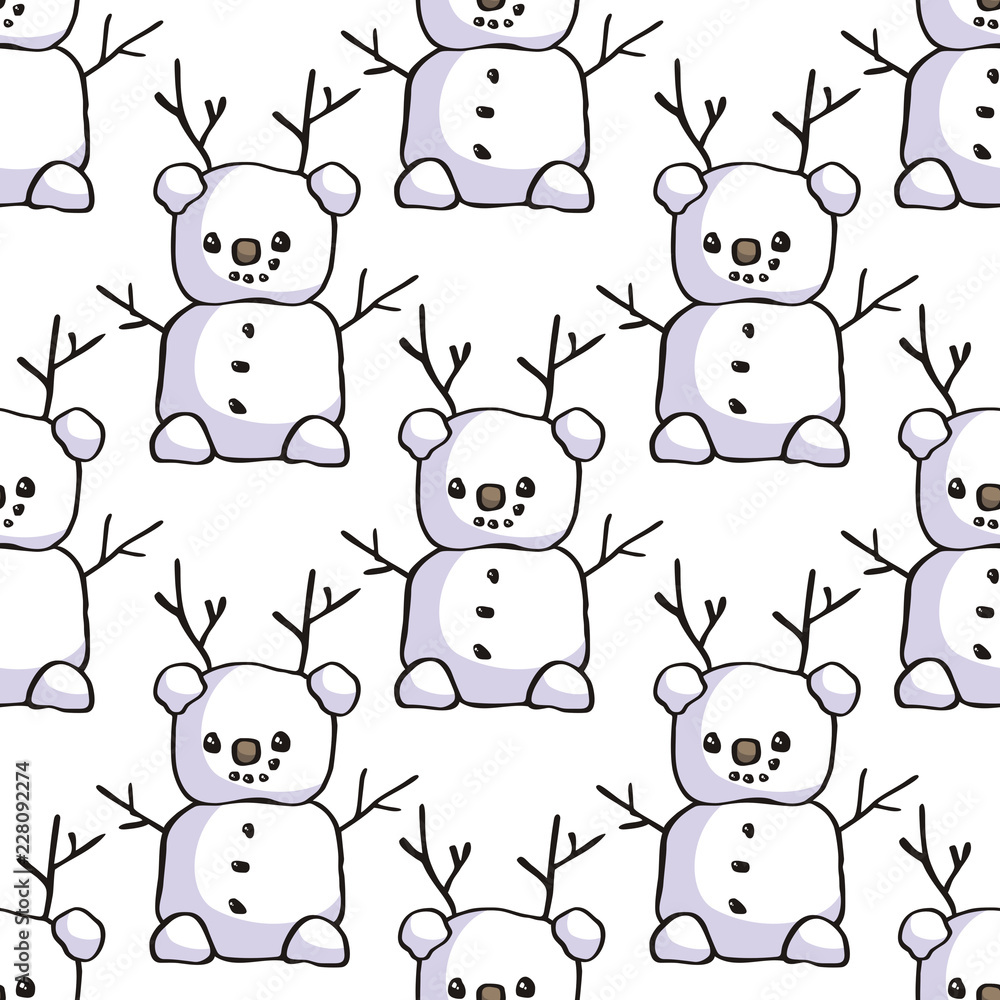 Seamless pattern with cute snowman in doodle style. Christmas vector background.