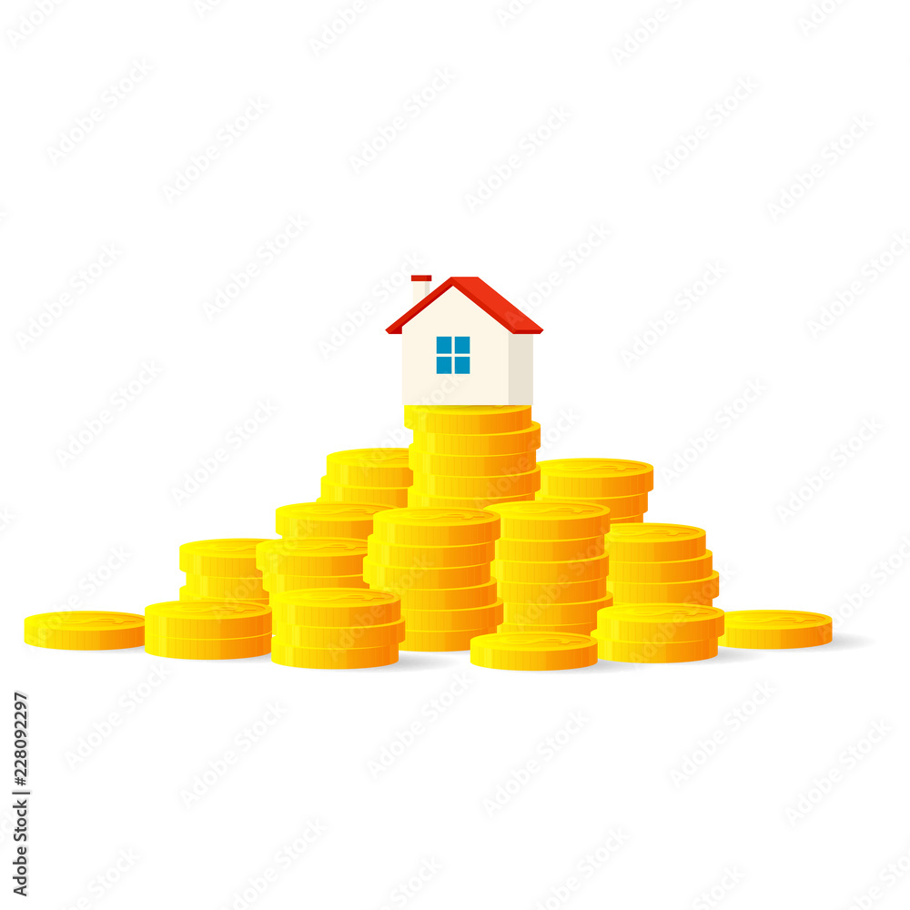 House on stack of coins. Real estate and property concept. Clipart image isolated on white background House on stack of coins. Real estate and property concept. Clipart image isolated on white background
