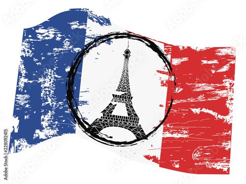 grungy french flag with paris tower symbol