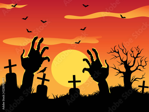 Halloween background with zombie hands on graveyard